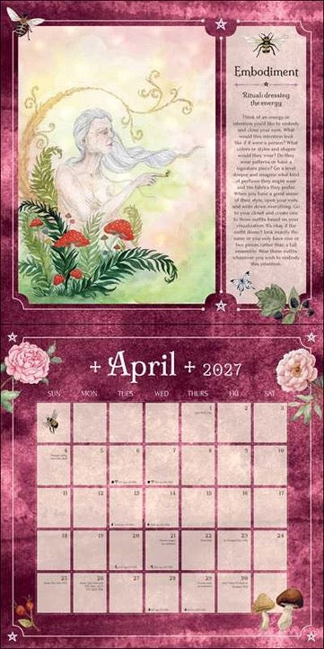 A decorative April 2027 calendar page with a fantasy-style illustration of a pale woman among green leaves and red flowers at the top, a vertical text panel labeled 'Embodiment' on the right, and a pink floral border around the monthly grid below.