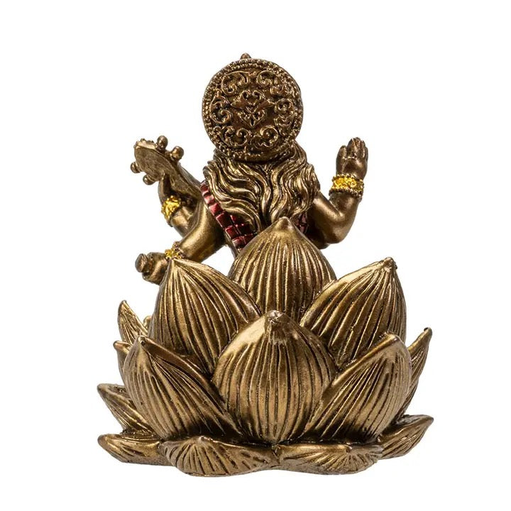 Bronze statue of a deity sitting on a lotus flower on a white background