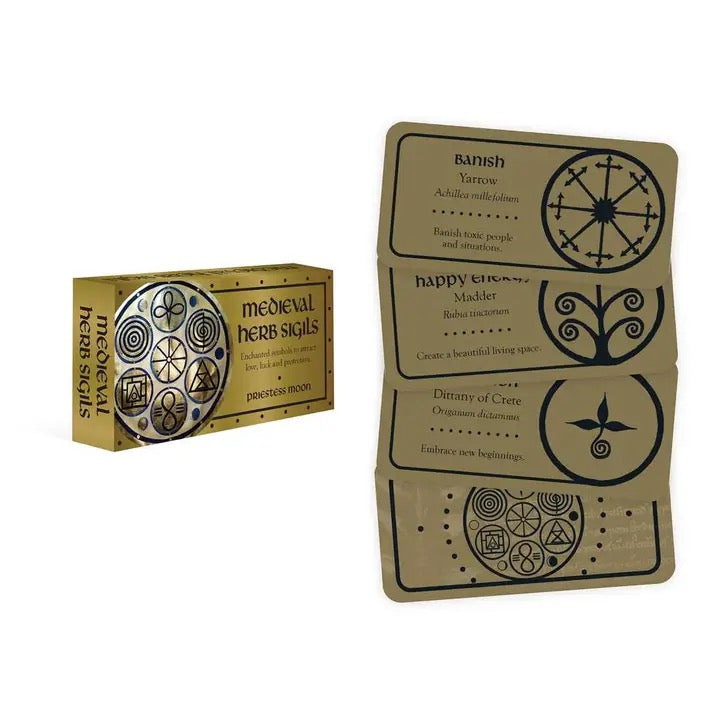 Medieval Herb Sigils packaging with cards on a white background