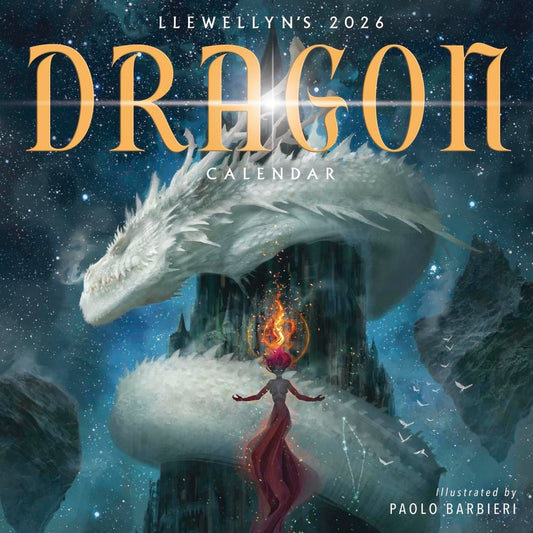 Dragon calendar cover with a fantasy scene and 'Llewellyn's 2026 Dragon Calendar' text.