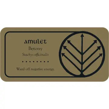 Amulet label with betony symbol and text on a beige background