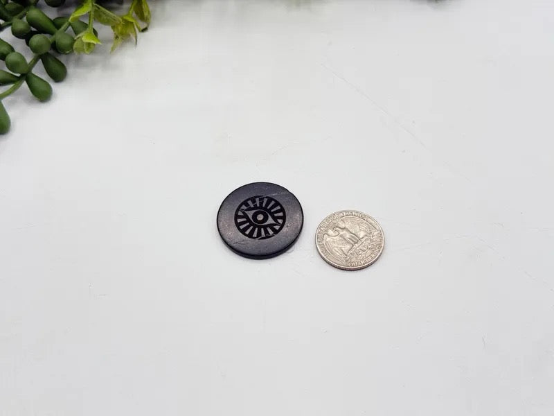 A small black circular button with a cutout eye design shown next to a silver coin for scale, on a white surface with a small green plant in the top-left corner.