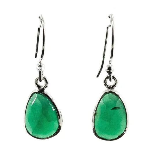 Green teardrop earrings with silver hooks on a white background