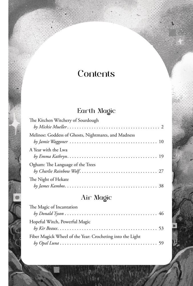 Table of contents for a book on magic with a black and white illustration of a moon and clouds.