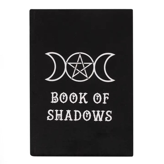 Black book with white 'Book of Shadows' text and moon and star symbols on a white background