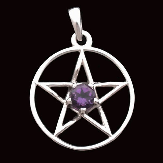 Silver pentacle pendant with a purple gemstone on a black background