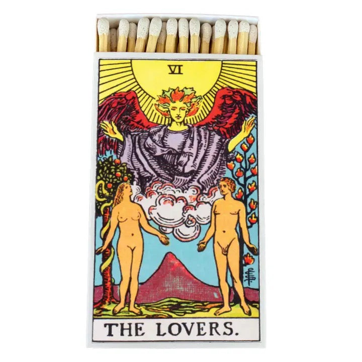 Matches box with Tarot card design featuring 'The Lovers' card