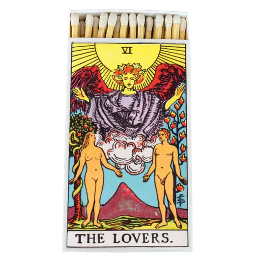 Matches box with Tarot card design featuring 'The Lovers' card
