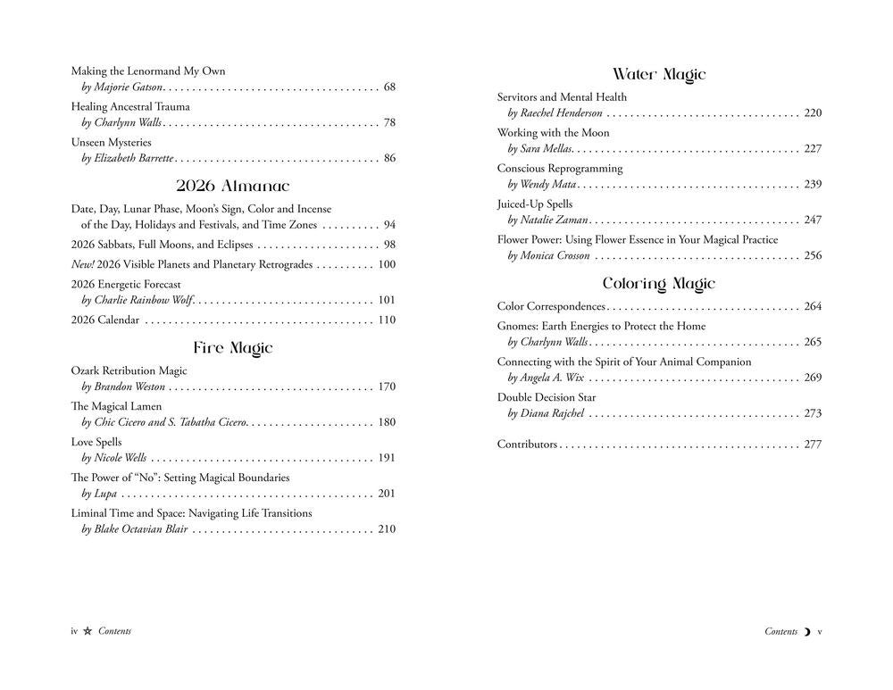 Table of contents for a book on magic, featuring various topics and authors.