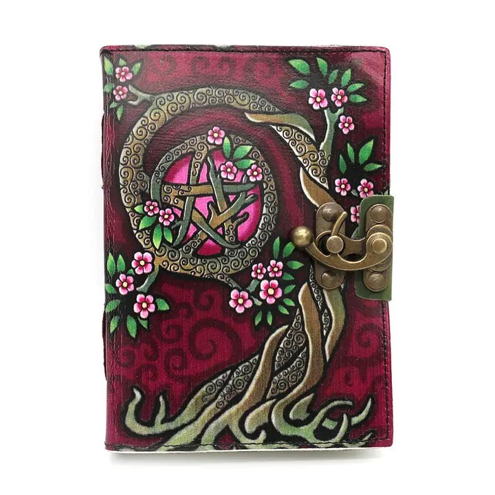 Triple Moon Pentacle Tree Leather journal 5 x 7 inch on white background