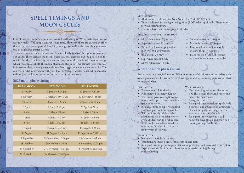 A square informational poster titled 'Spell Timings and Moon Cycles' with decorative blue borders and text explaining astrological timing and moon phases, plus a table of moon phase dates.