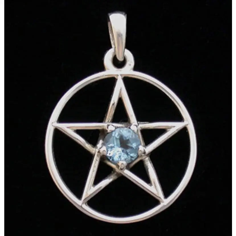 Silver pentacle pendant with a blue gemstone on a black background