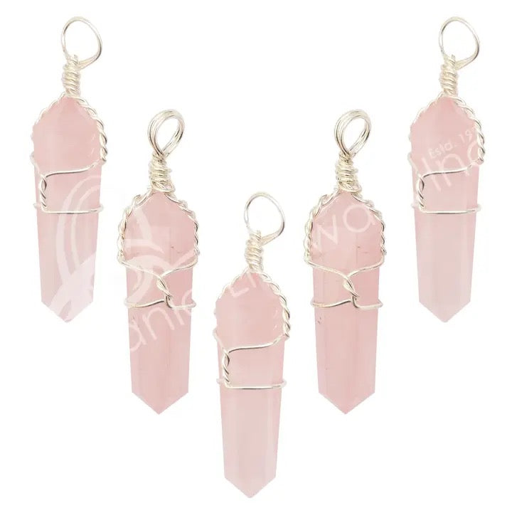 Pendant Rose Quartz Point Wire Wrapped on a white background
