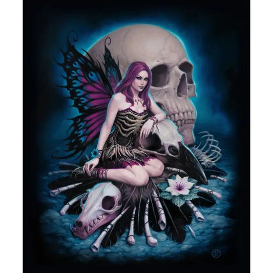 Gothic fantasy Card of a seated woman with purple hair and butterfly wings, surrounded by skulls, bones, feathers, and a flower against a dark blue background.