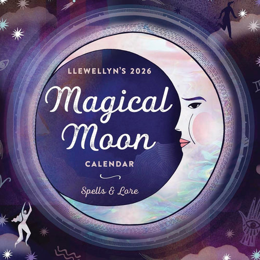 Llewellyn's 2026 Magical Moon Calendar cover with moon design and text.