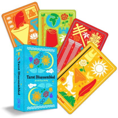 Colorful tarot cards with a blue box labeled 'Tarot Disassembled' on a white background