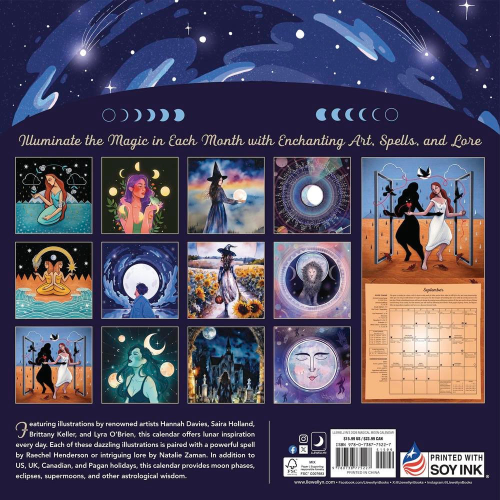 Calendar with illustrations of celestial and mystical themes, featuring a starry night sky and moon phases.