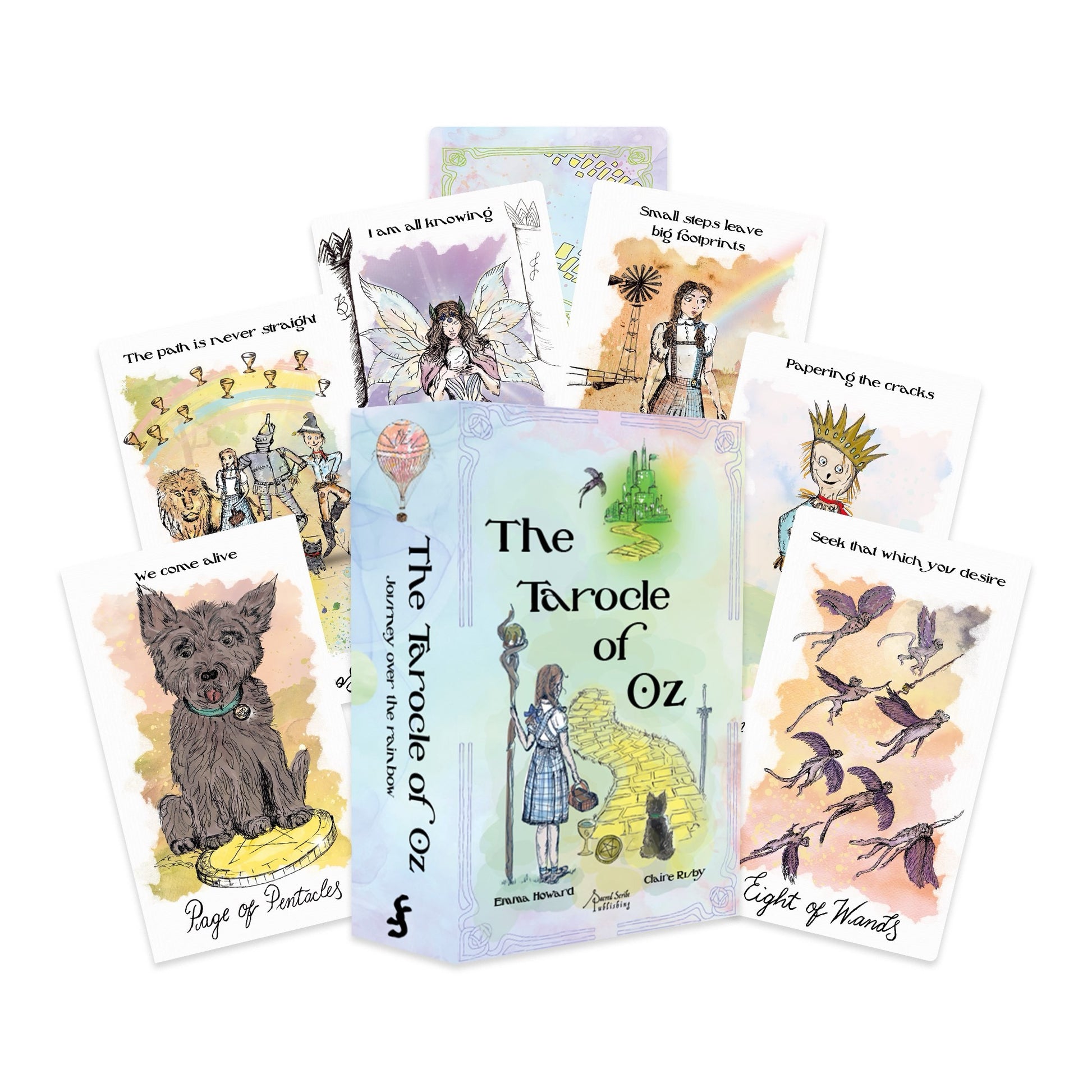 Collection of Tarot cards from 'The Tarot of Oz' with various illustrations on a white background.