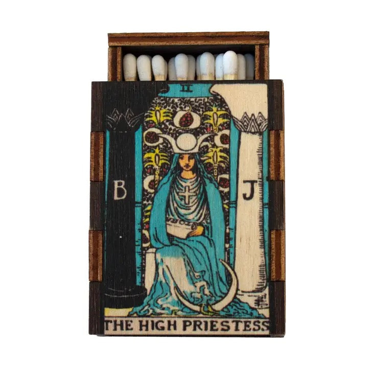 Matches with 'The High Priestess' tarot card design on a white background