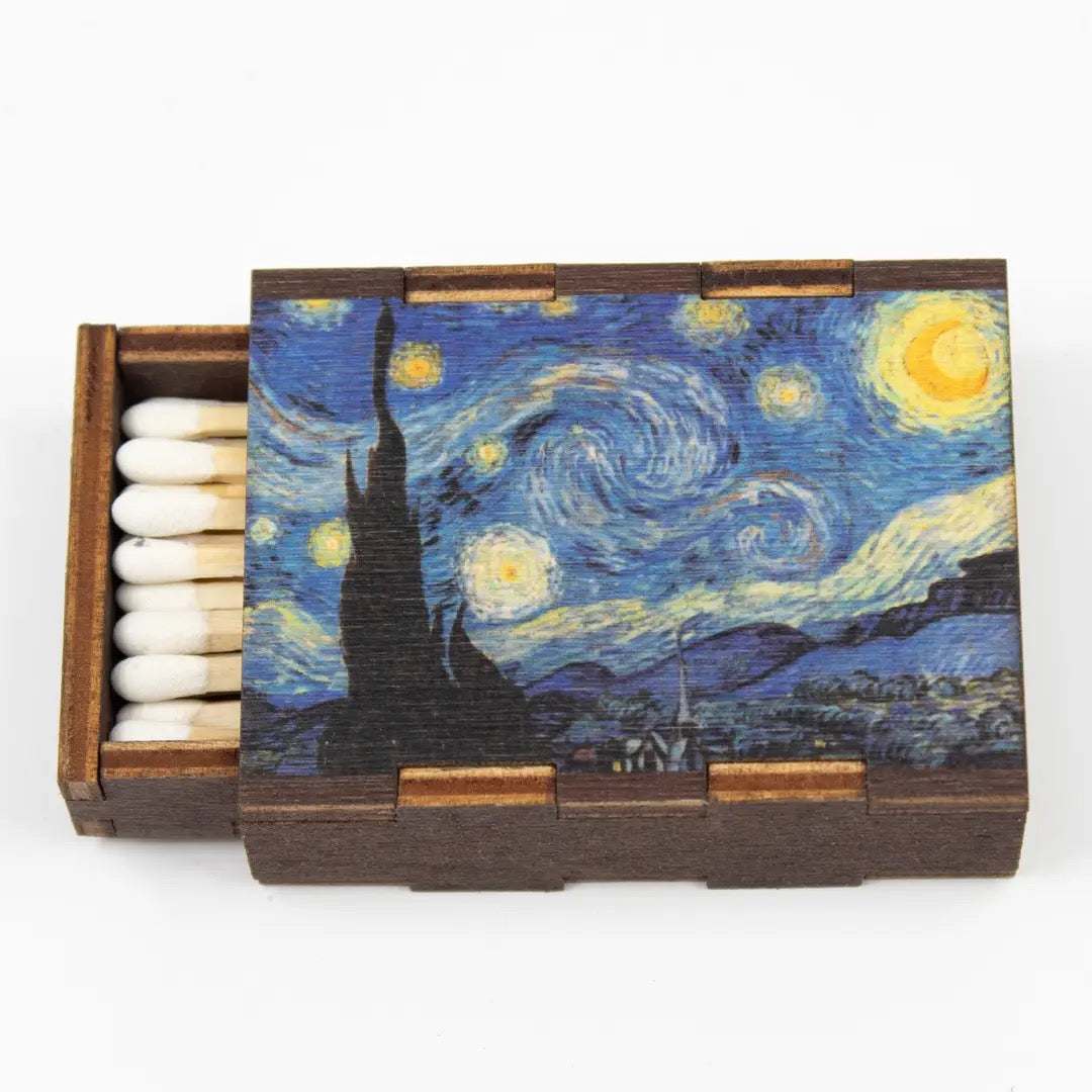 Matches in a wooden box with 'Starry Night' design