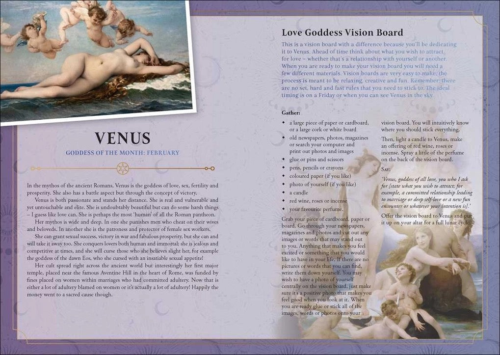 A printed page spread titled 'Love Goddess Vision Board' with text columns and decorative classical-style artwork showing Venus and other mythological figures. The left page has a large heading 'VENUS' and smaller subtitle 'Goddess of the Month February,' while the right page contains descriptive text and a collage of illustrations.