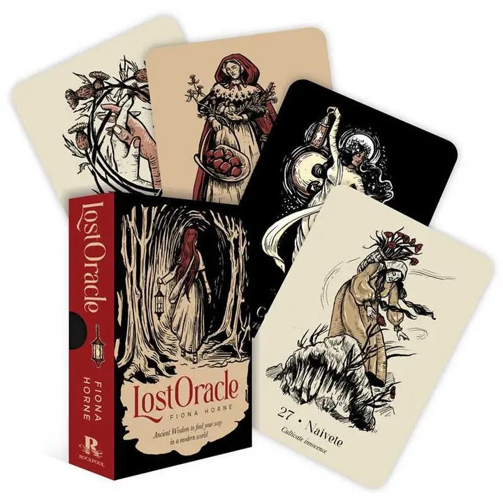Lost Oracle card set with illustrations and a box on a white background