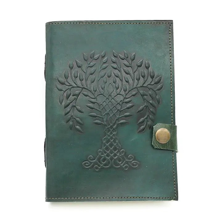 Leather Journal Tree of Life Green 5 x 7 on white background