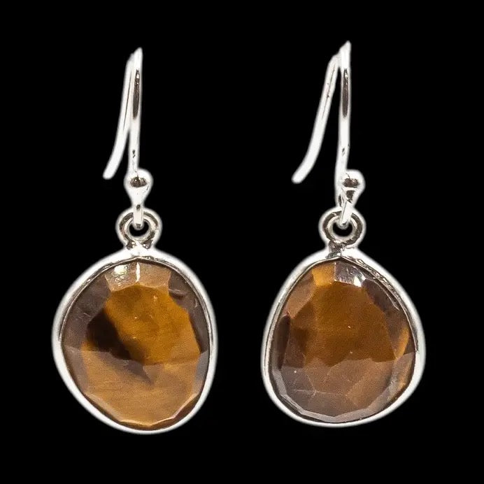 Pair of silver earrings with brown gemstones on a black background