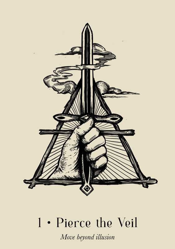 Illustration of a hand holding a sword with text 'Pierce the Veil' on a beige background