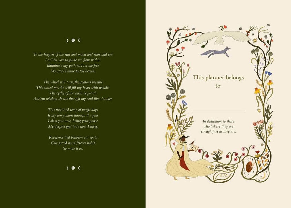 Two pages of a planner with decorative text and illustrations on a green and beige background.