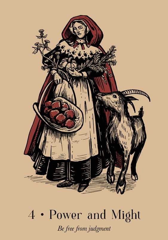 Illustration of a woman with a goat and a basket of fruit on a beige background, with text '4 Power and Might' at the bottom.