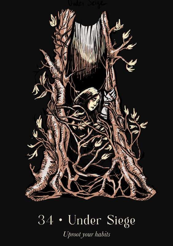 Illustration of a person entangled in tree branches with text '34 Under Siege Uproot your habits' on a black background