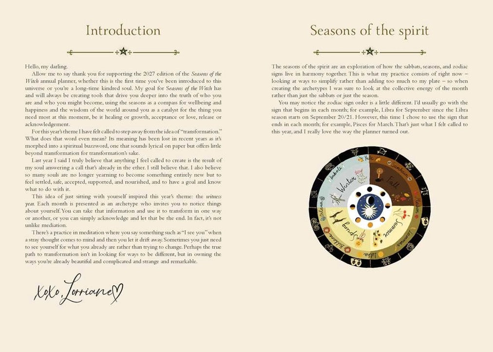 A printed card or booklet page with the heading 'Introduction' on the left and 'Seasons of the spirit' on the right, featuring a long poem or essay and a circular clock illustration with the words 'Winter Solstice' and 'Summer Solstice.'.