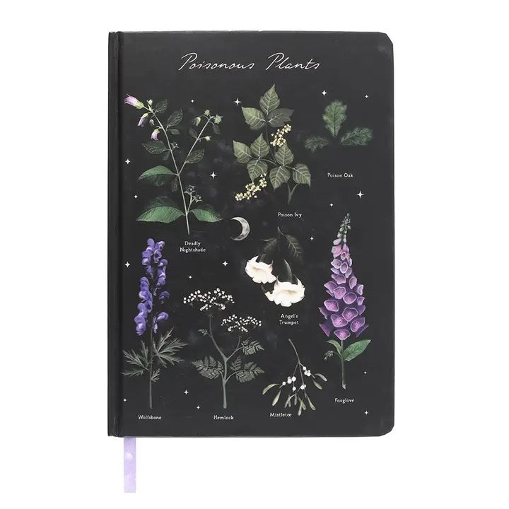 Black notebook with botanical illustrations of poisonous plants on a white background