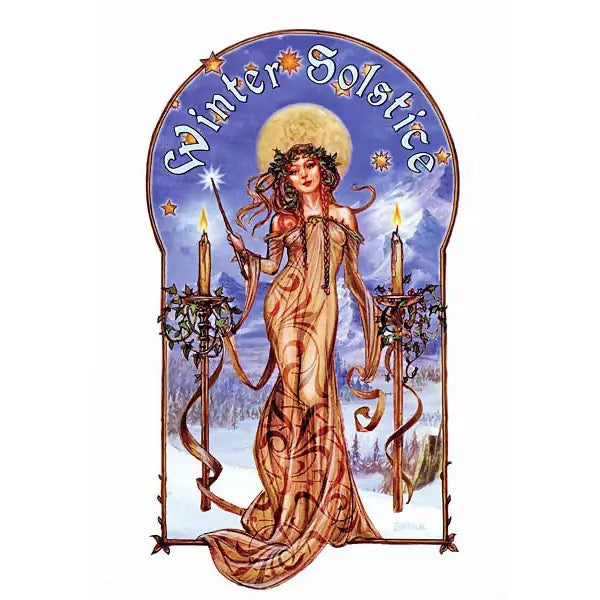 Winter Solstice card with a woman holding candles against a snowy landscape