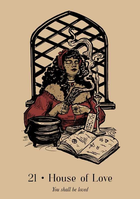 Vintage-style illustration of a woman with a snake, sitting behind a lattice, with text '21 House of Love' on a beige background.