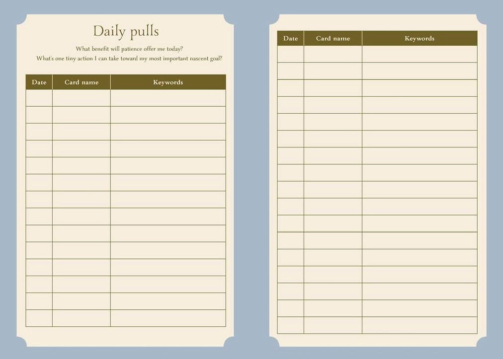 Two cream-colored daily pull lists with brown headers and grid lines, displayed side by side on a light blue background.