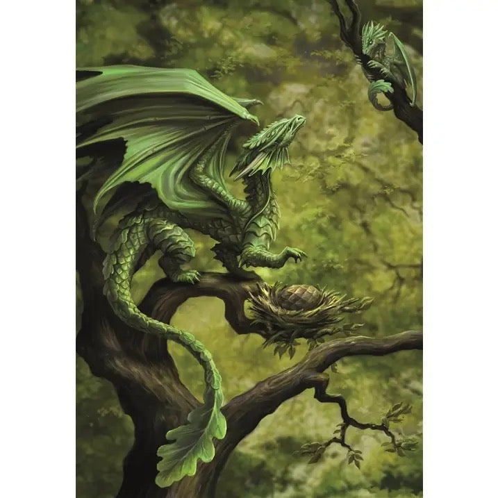Green dragon on a branch with a nest in a forest setting