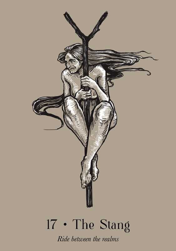 Illustration of a woman holding a staff with text '17 The Stang Ride between the realms' on a beige background