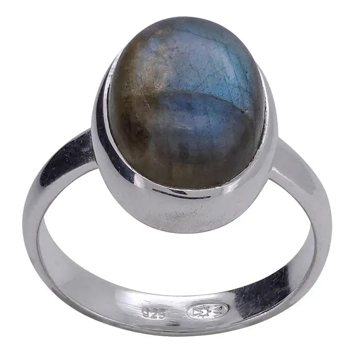 Silver ring with a Labradorite stone on a white background