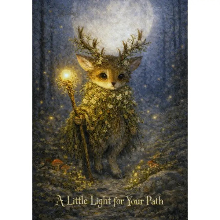 A whimsical fantasy card of a small deer-like creature standing in a dark forest at night, holding a glowing staff and wearing moss and flowers. A large moon glows behind it, with golden sparkles around the scene and the text 'A Little Light for Your Path' at the bottom.