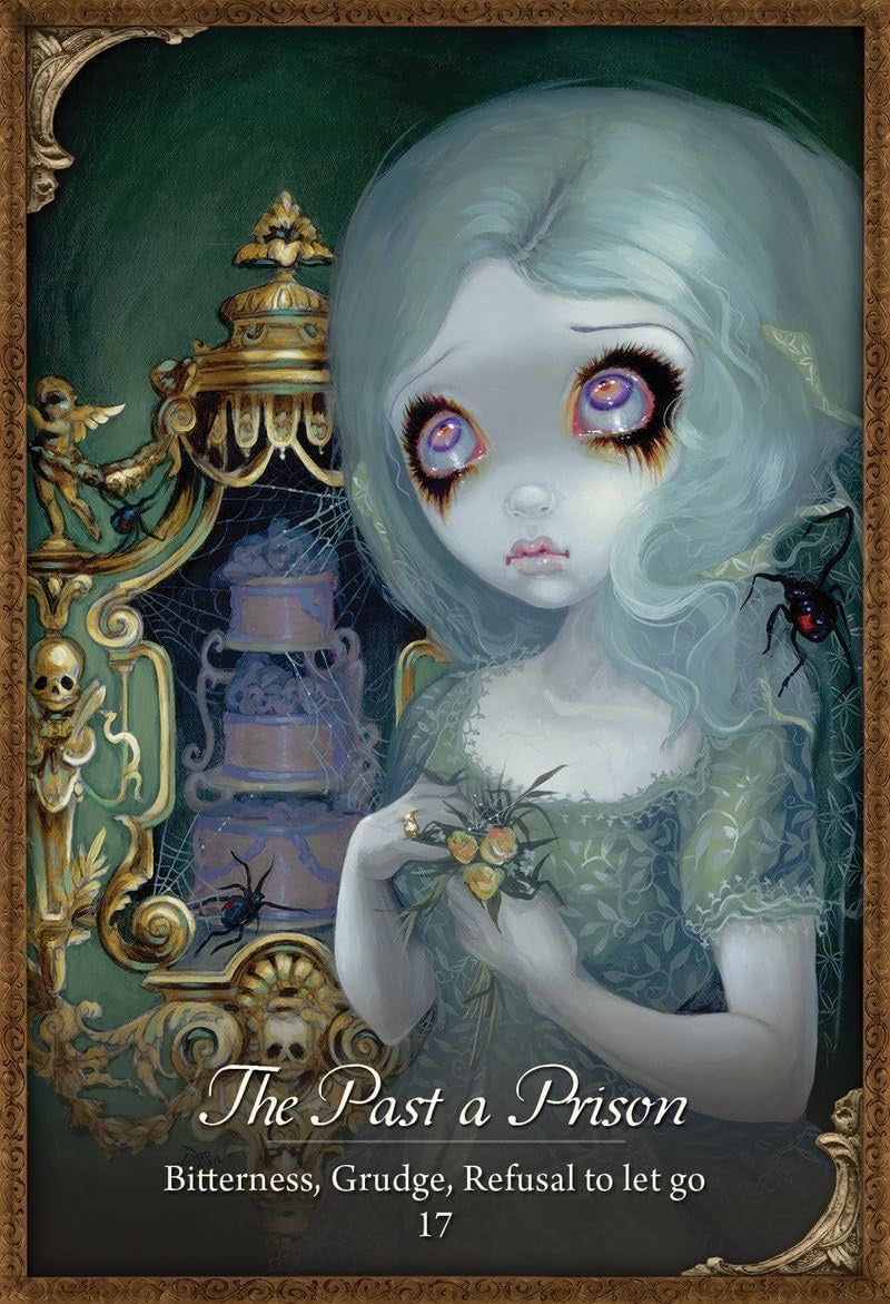 Artistic depiction of a character with pale skin and purple eyes, holding flowers, with ornate background and text.