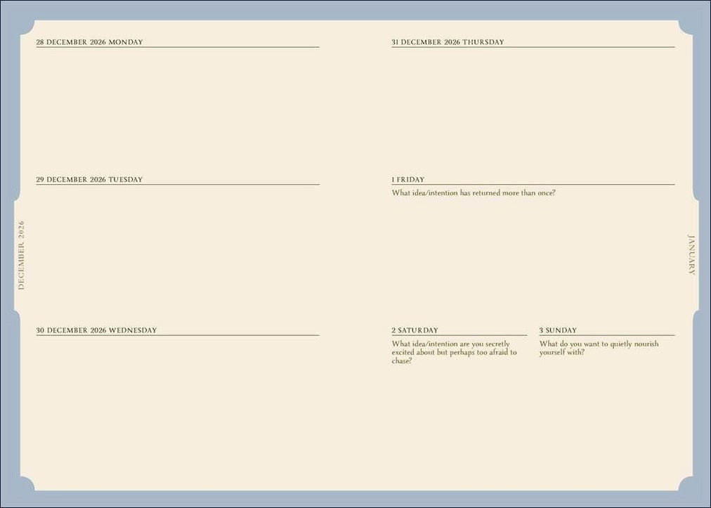 A blank daily planner page with a cream-colored center and a light blue border, featuring labeled sections for Monday through Sunday and prompt questions for each day.