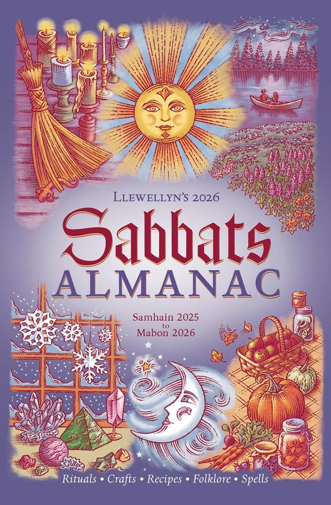 Cover of Llewellyn's 2026 Sabbats Almanac with illustrations of a sun, moon, and various elements.