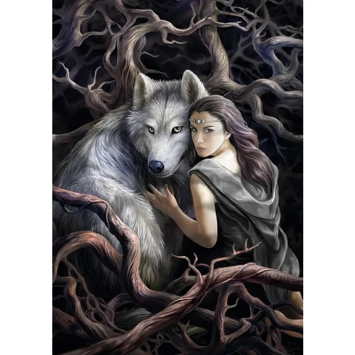 Artistic depiction of a woman and a wolf intertwined with dark, root-like branches.