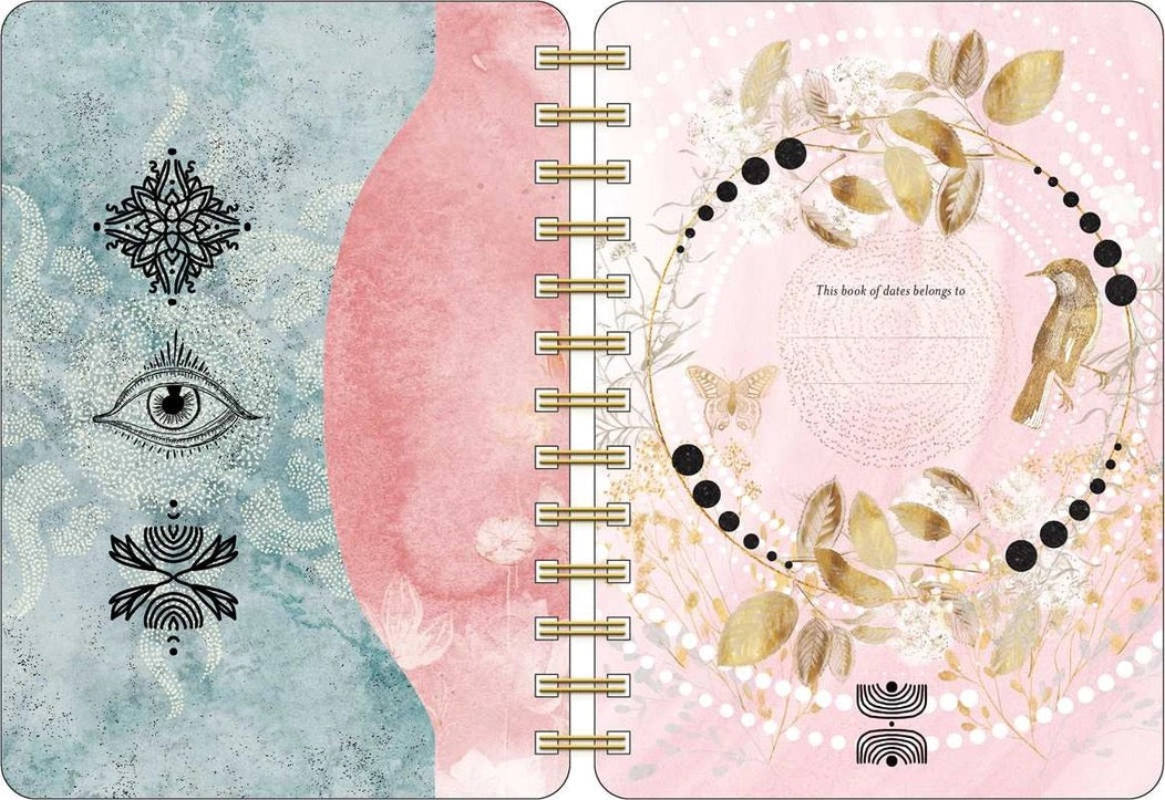 A spiral-bound notebook or planner spread showing two decorated pages. The left page has a light blue textured background with black ornamental symbols and an eye motif, and the right page is pale pink with floral illustrations, black dots, a small bird, and decorative text.