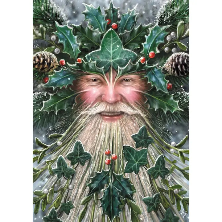 Illustration of a face surrounded by green leaves, berries, and pinecones with a snowy background.
