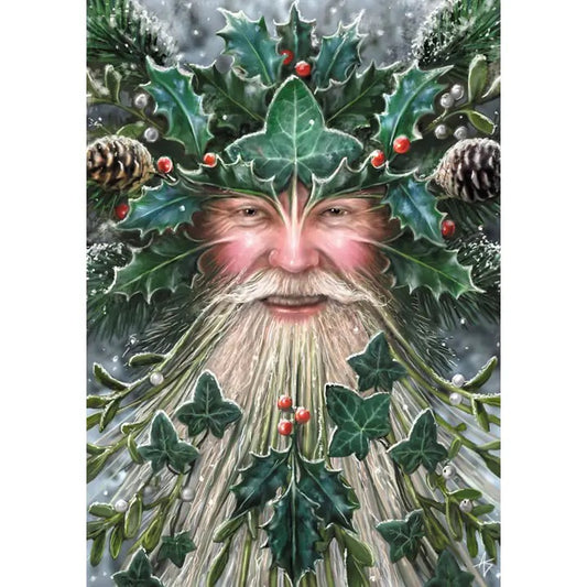 Illustration of a face surrounded by green leaves, berries, and pinecones with a snowy background.