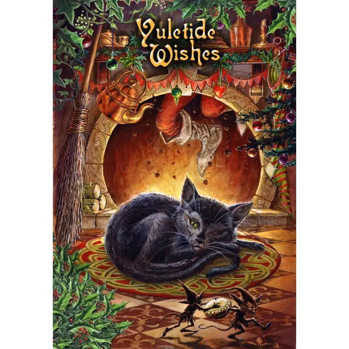 Illustration of a black cat in a festive room with 'Yuletide Wishes' text.