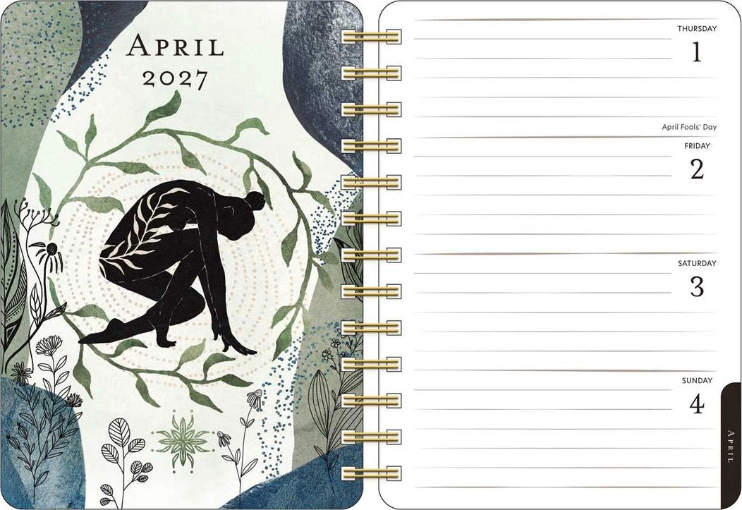 April 2027 weekly planner spread showing the illustrated cover on the left and the weekly layout pages on the right, bound with gold-tone rings.
